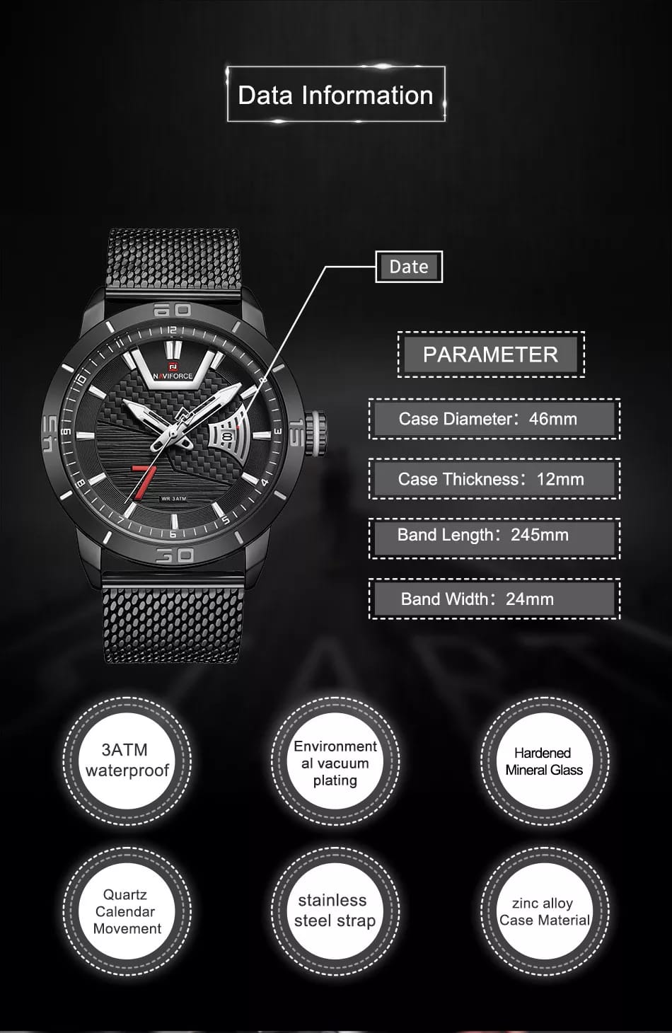 Reloj deportivo Naviforce (Negro) - Imagen 4