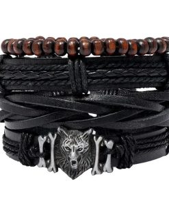 Set -manillas-cuero lobo-hombre-regalo-trendy-moda-unisex