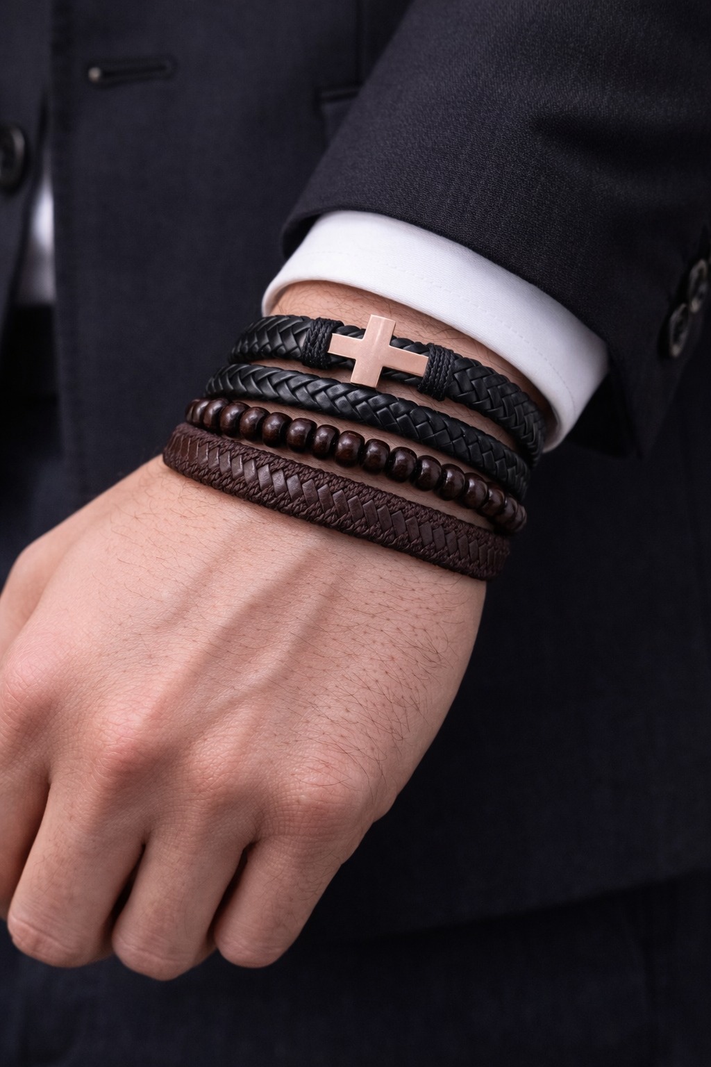 Conjunto de pulseras de cuero con dije de Cruz - Imagen 2