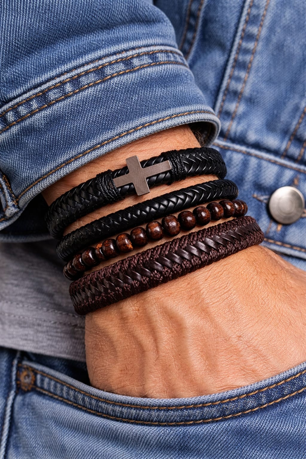 Conjunto de pulseras de cuero con dije de Cruz