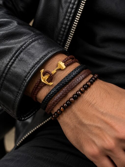 Set ancla dorada: manillas de cuero con ancla dorada para hombre